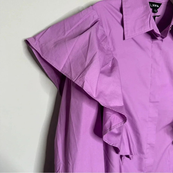 New J. NNA Lavender Ruffled Button Down Blouse Size Large Fairy Classic Workwear - Picture 10 of 10